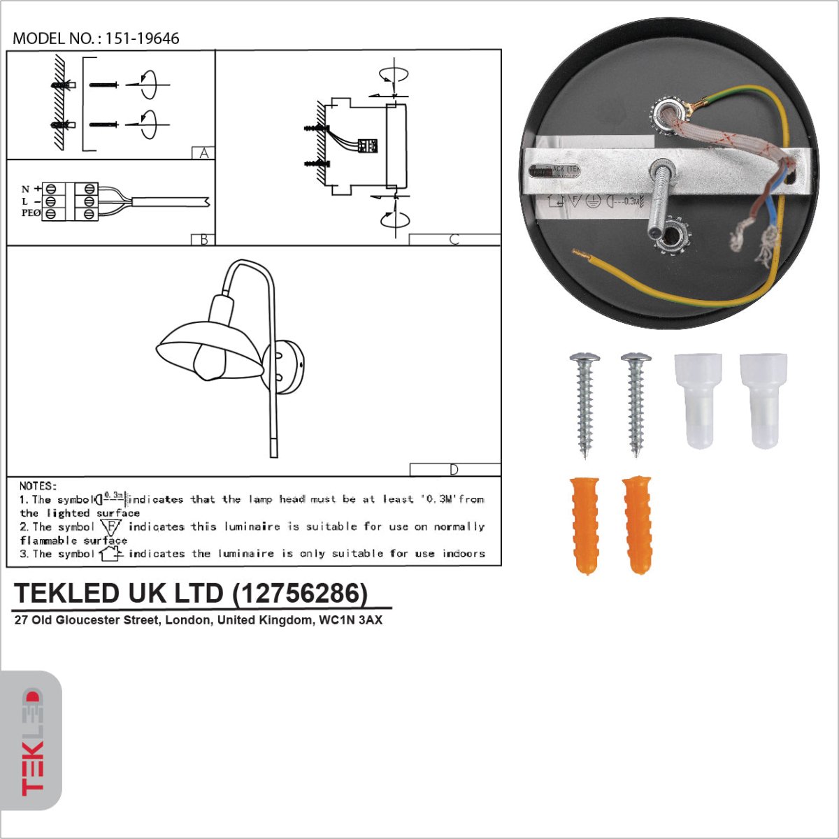 User manual for Black Metal Dome Sunflower Wall Light with E27 Fitting | TEKLED 151-19646