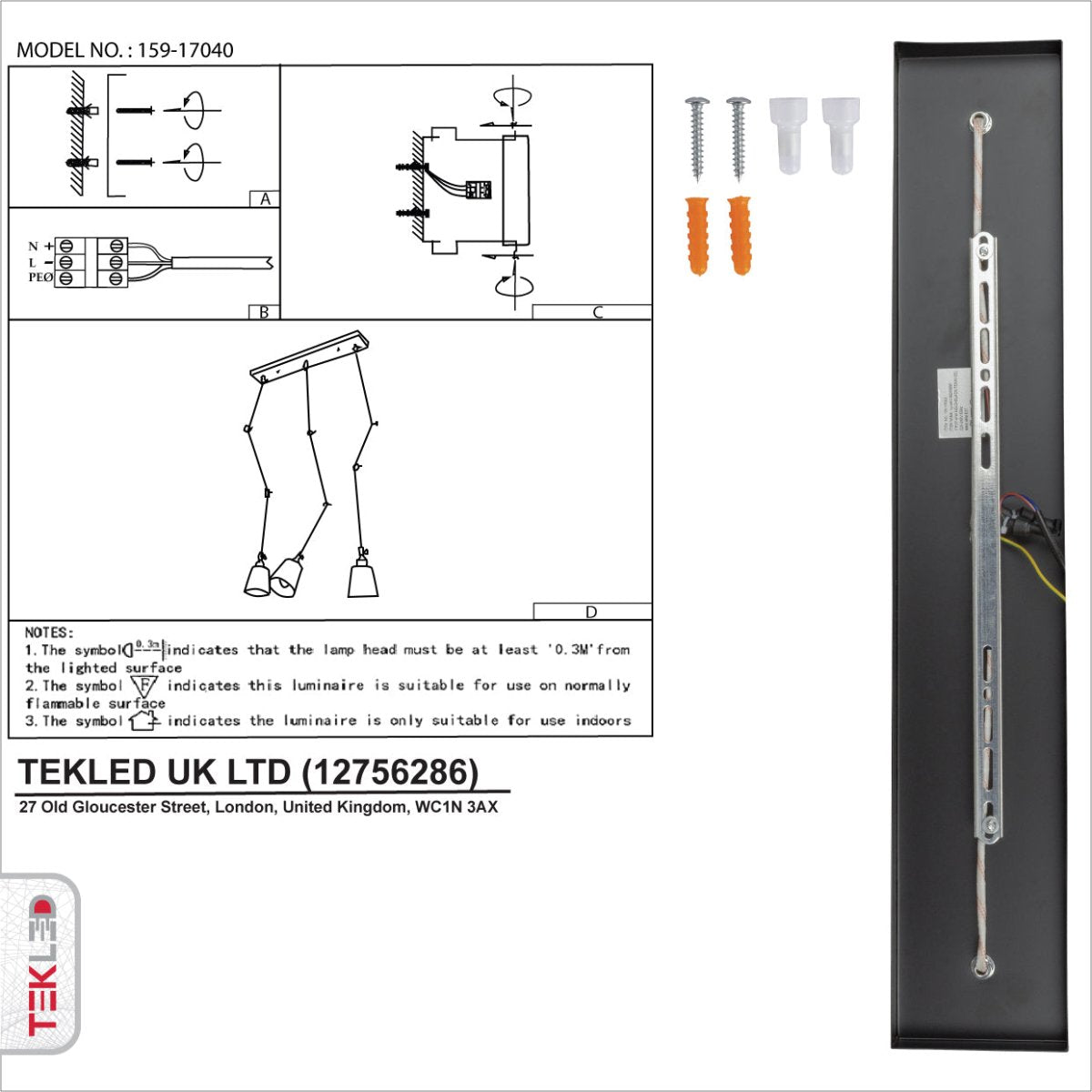 User manual for Black Metal Hinged Cone Ceiling Light with 3xE27 Fitting | TEKLED 159-17040