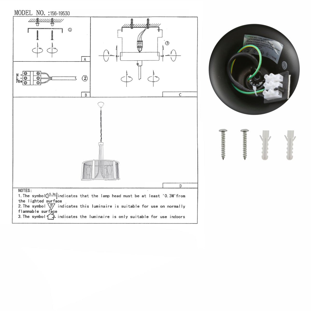 User manual for Black Metal Natural Wood Cylinder Cage Pendant Ceiling Light with 3xE27  | TEKLED 156-19530