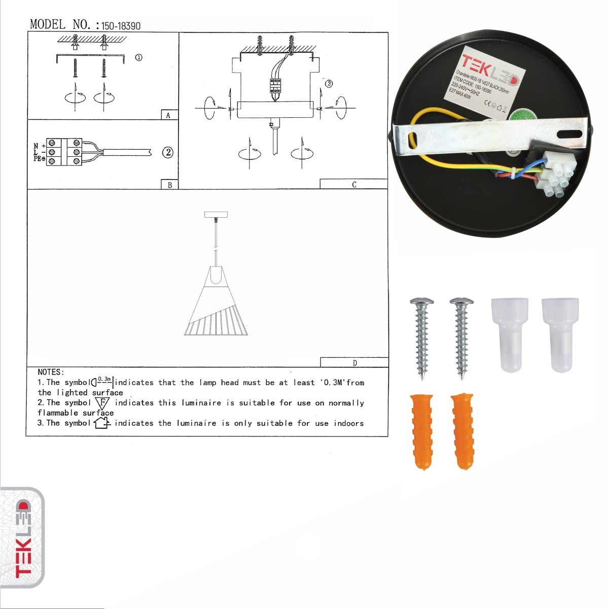 User manual for Black Wood Funnel Cone Caged Shuttlecock Nordic Metal Ceiling Pendant Light with E27 Fitting | TEKLED 150-18390