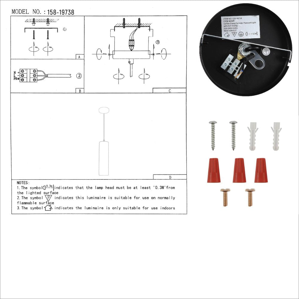 User manual for Brown Reeded Cylinder Glass Pendant Light with E27 Fitting | TEKLED 158-19738