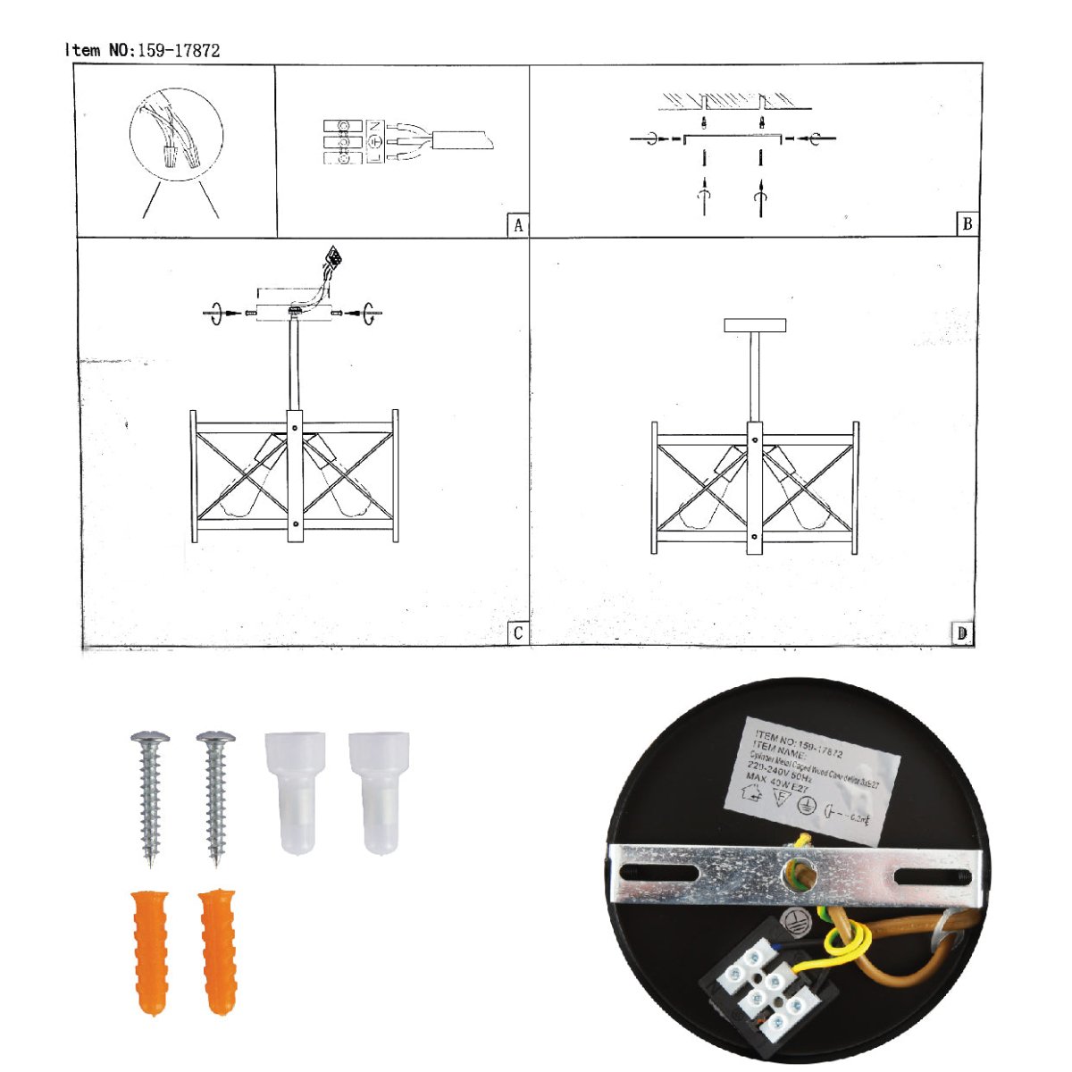 User manual for Caged Candle Industrial Retro Round Pendant Ceiling Light with 3xE27 Wood Black Finishing | TEKLED 159-17872