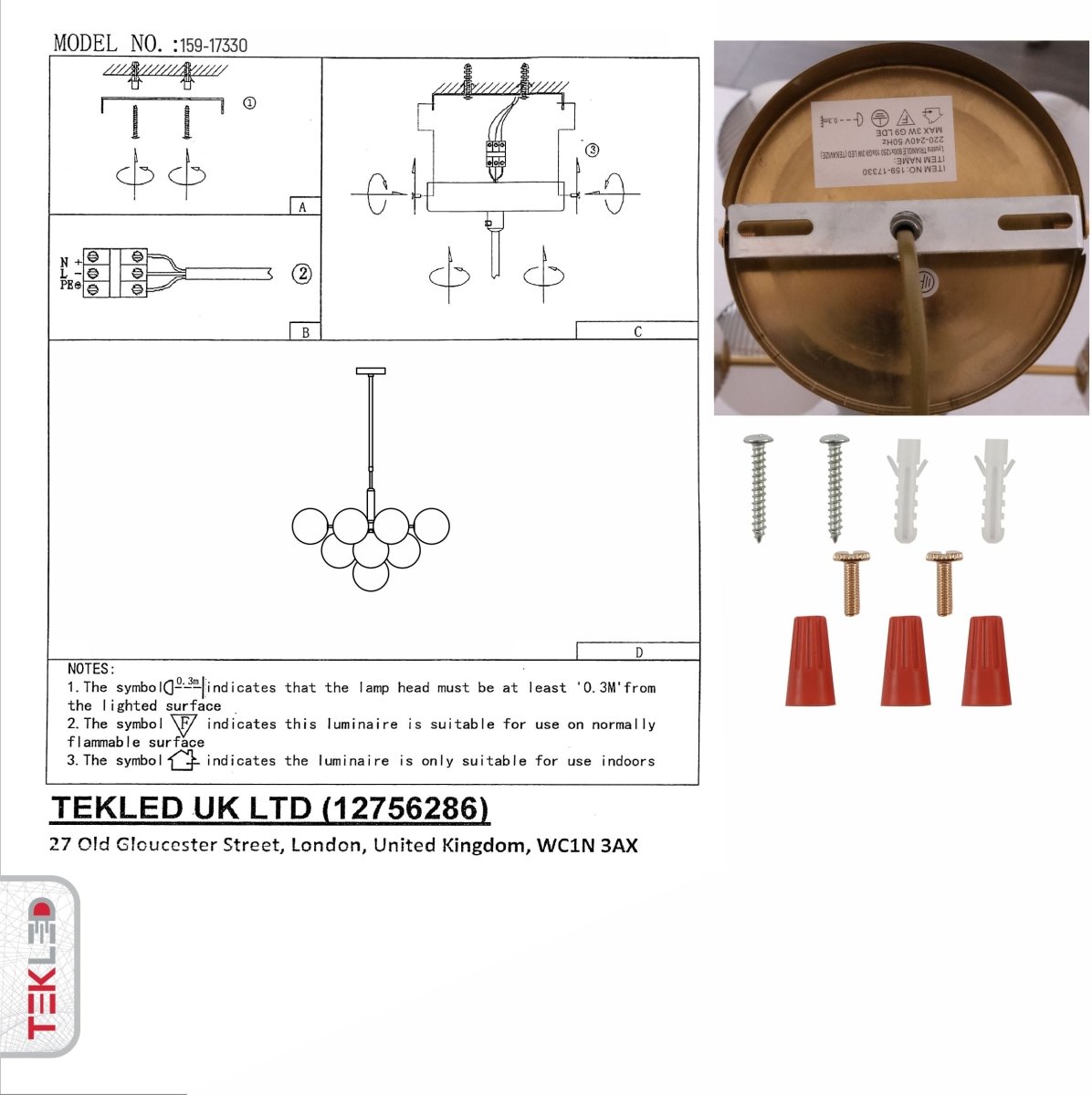 User manual for Chandelier Pyramid Smoky Glass Gold Body with 10xG9 Fitting | TEKLED 159-17330