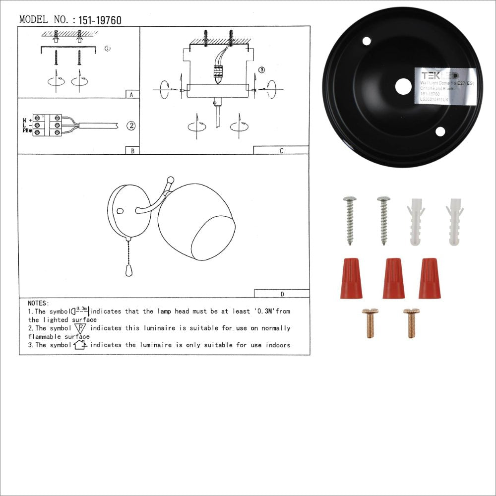 User manual for Chrome Metal Partial Mirror Cone Glass Wall Light E27 Pull Down Switch | TEKLED 151-19760