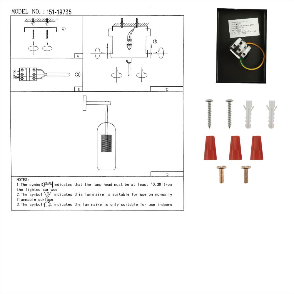 User manual for Clear Cylinder Glass Gold Cage Black Body Wall Light with E27 Fitting  | TEKLED 151-19735