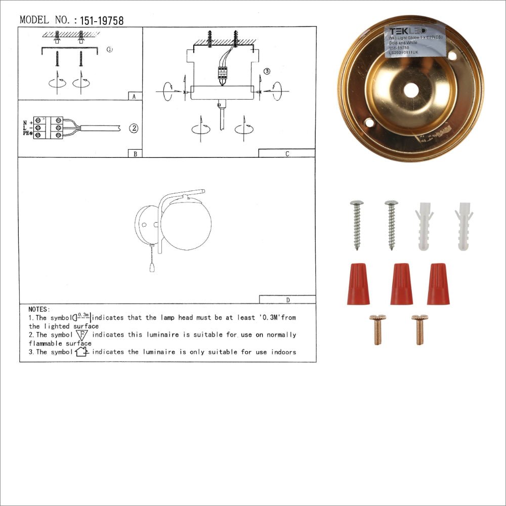 User manual for Clear Textured Globe Gold Wall Light E27 Pull Down Switch | TEKLED 151-19758