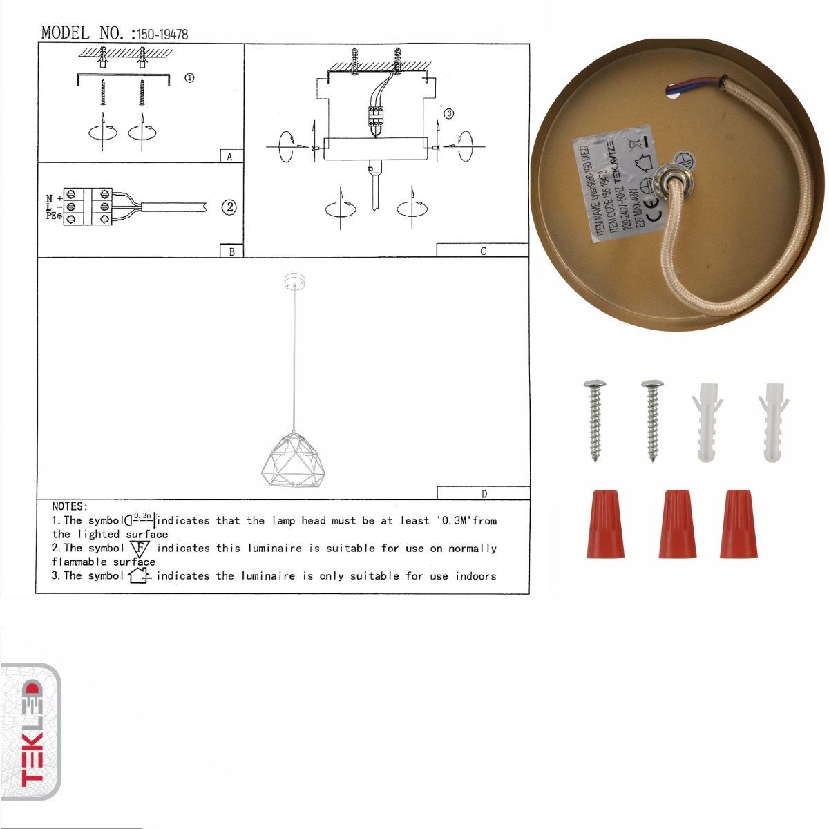 User manual for Copper Glass Dome Gold Metal Cage Pendant Light with E27 Fitting | TEKLED 156-19478