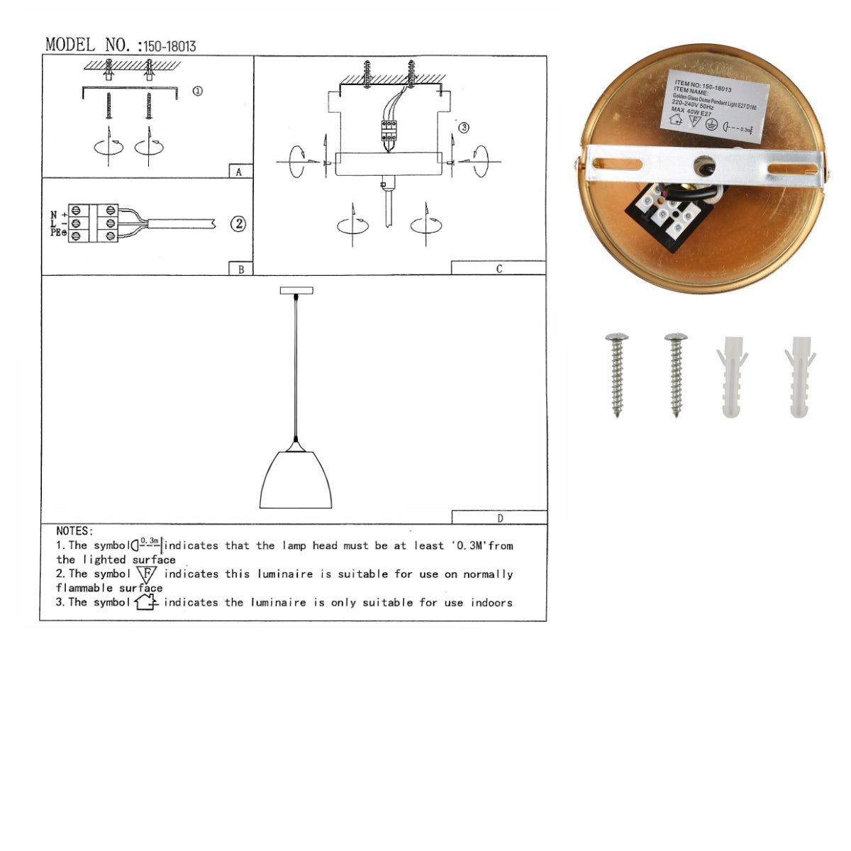 User manual for Gold Glass Dome Pendant Ceiling Light with E27 Fitting | TEKLED 150-18013