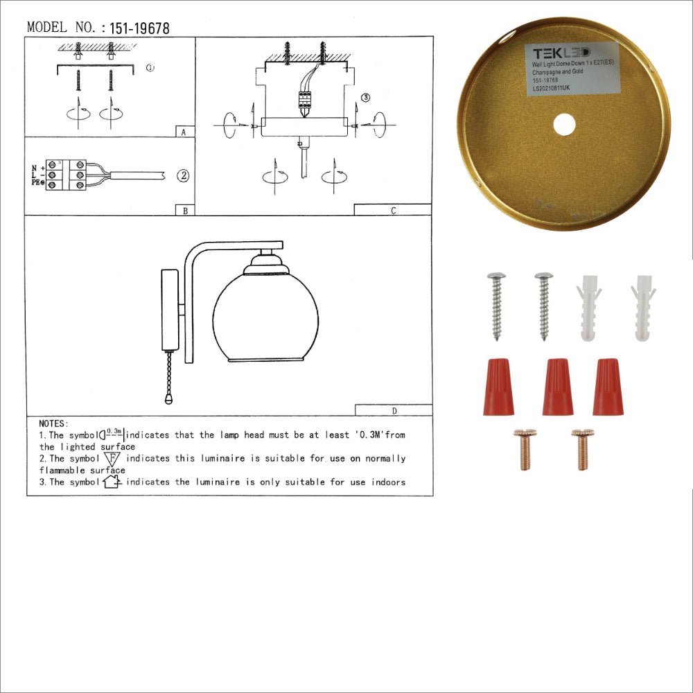 User manual for Gold L shape Metal Amber Dome Glass Wall Light E27 with Pull Down Switch | TEKLED 151-19768