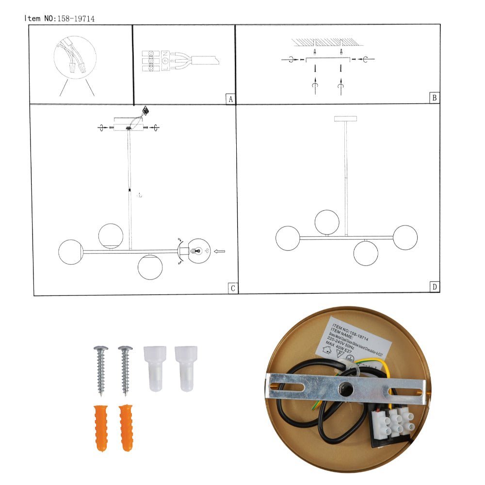 User manual for Gold Metal Body Opal Glass Globes Ceiling Light with 4xE27 Fittings | TEKLED 158-19714