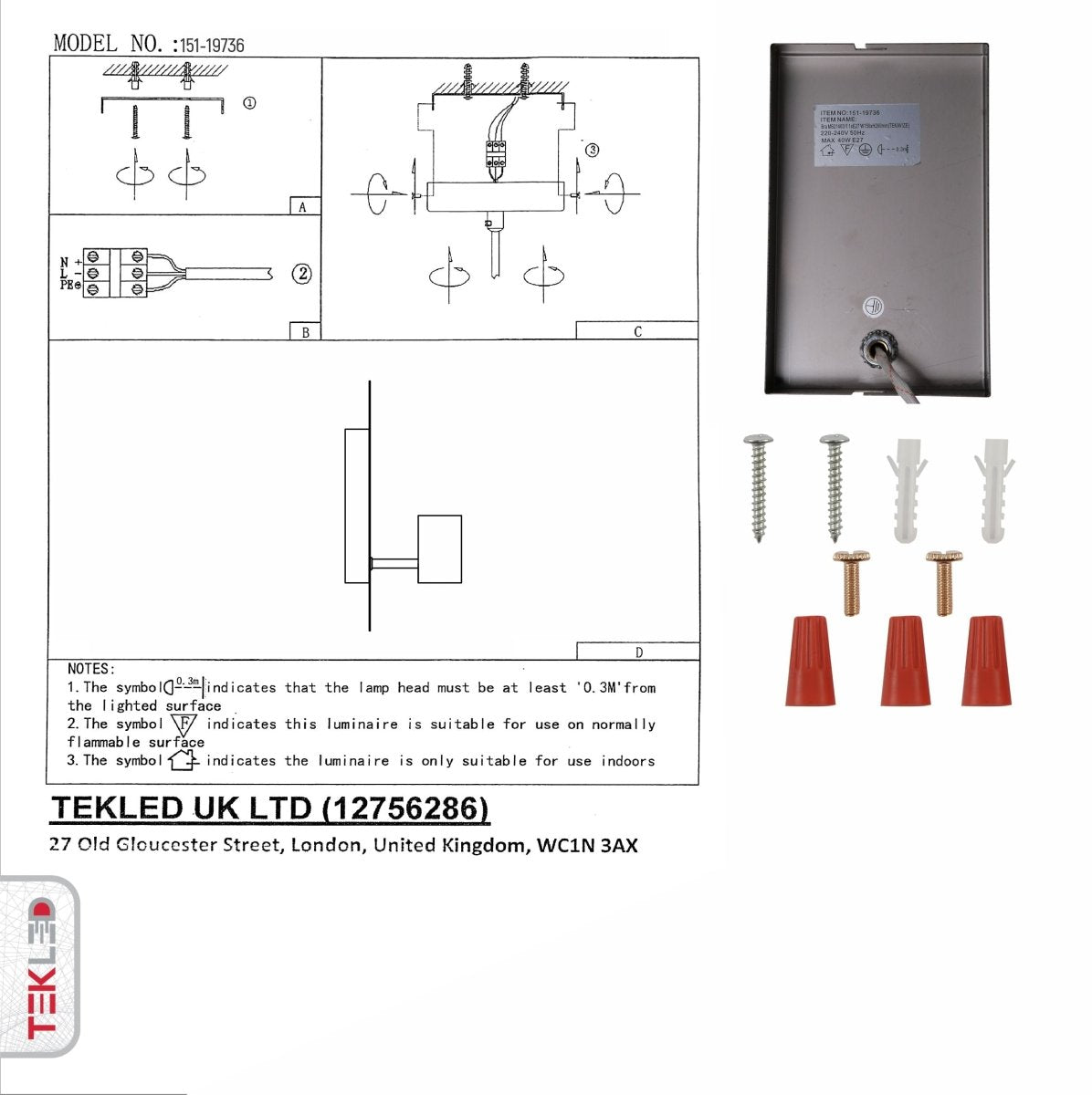 User manual for Gold Metal Wall Light with E27 Fitting | TEKLED 151-19736