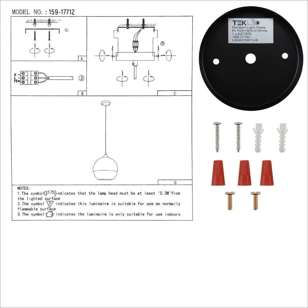 User manual for Gold Out Silver In Globe Glass Pendant Ceiling Light E27 | TEKLED 159-17742