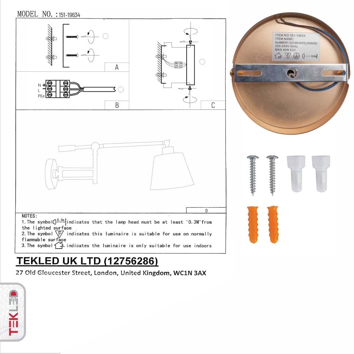 User manual for Golden Black Metal Swing Arm Hinged White Frustum Wall Light with E27 Fitting | TEKLED 151-19634