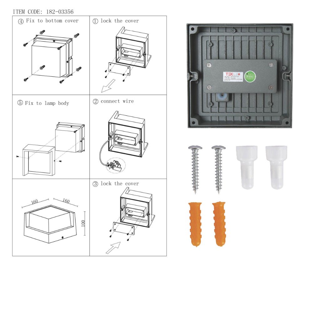 User manual for LED Diecast Aluminium Square Hood Wall Lamp 12W Warm White 3000K IP54 Anthracite Grey | TEKLED 182-03356