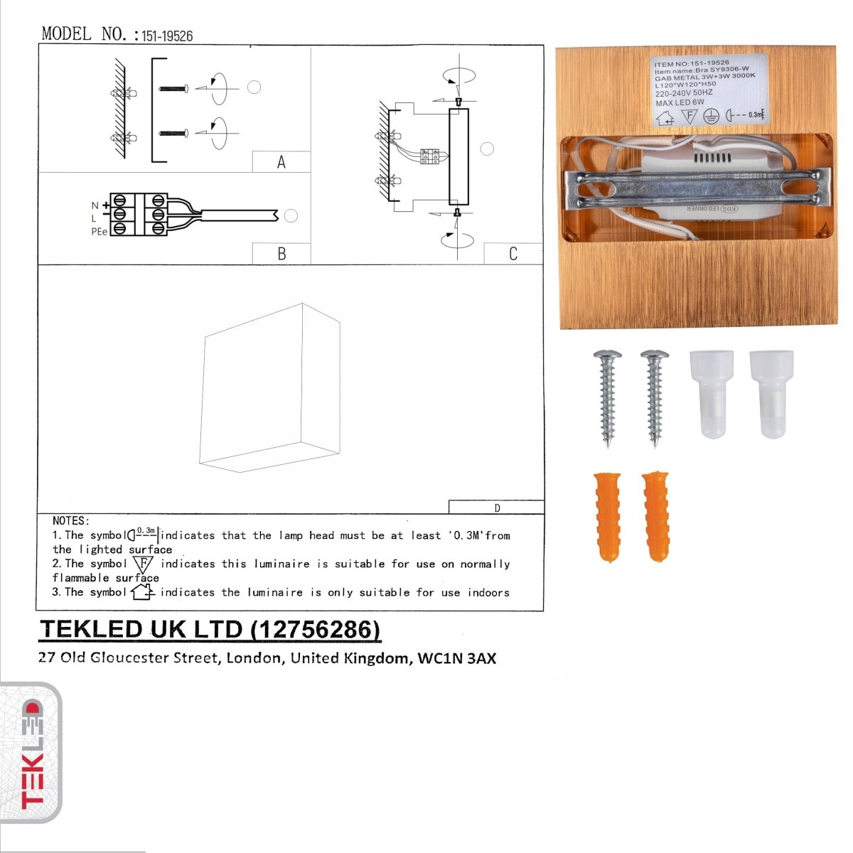 User manual for LED Gold Aluminium Bronze Metal Wall Light 6W Warm White 3000K | TEKLED 151-19526