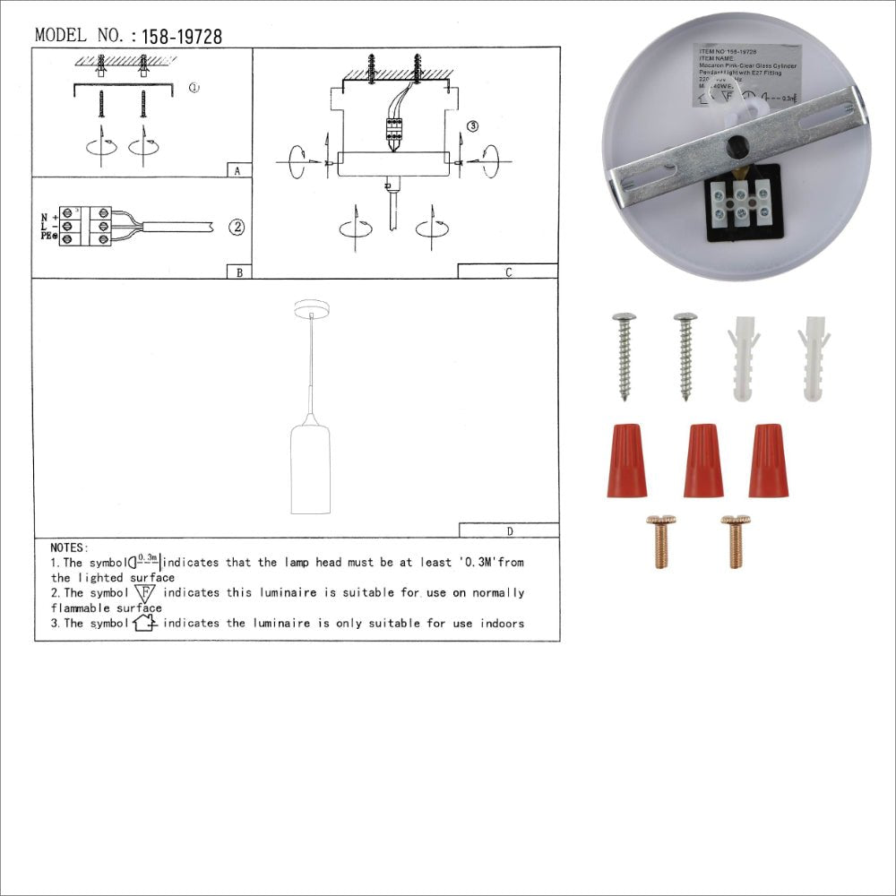 User manual for Macaron Salmon Pink Cylinder Glass Pendant Ceiling Light with E27 Fitting | TEKLED 158-19728