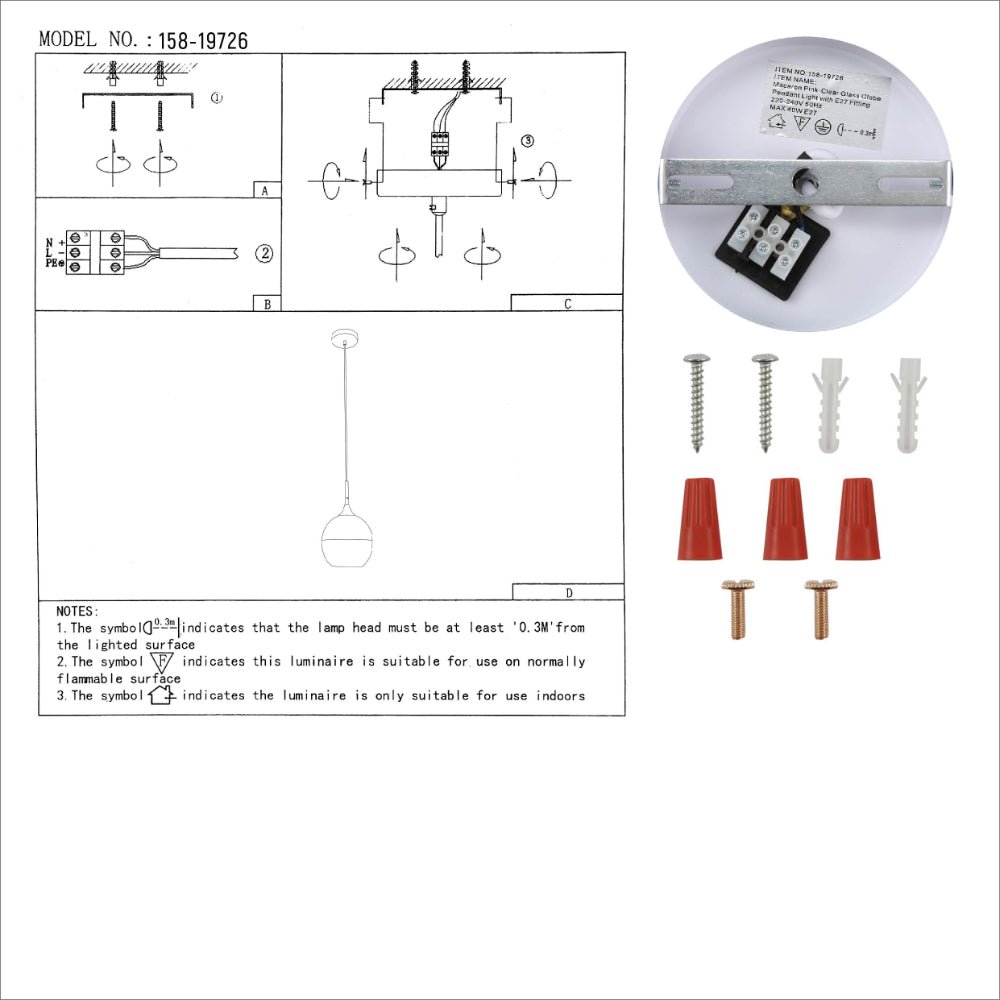 User manual for Macaron Salmon Pink Dome Glass Pendant Ceiling Light with E27 Fitting | TEKLED 158-19726