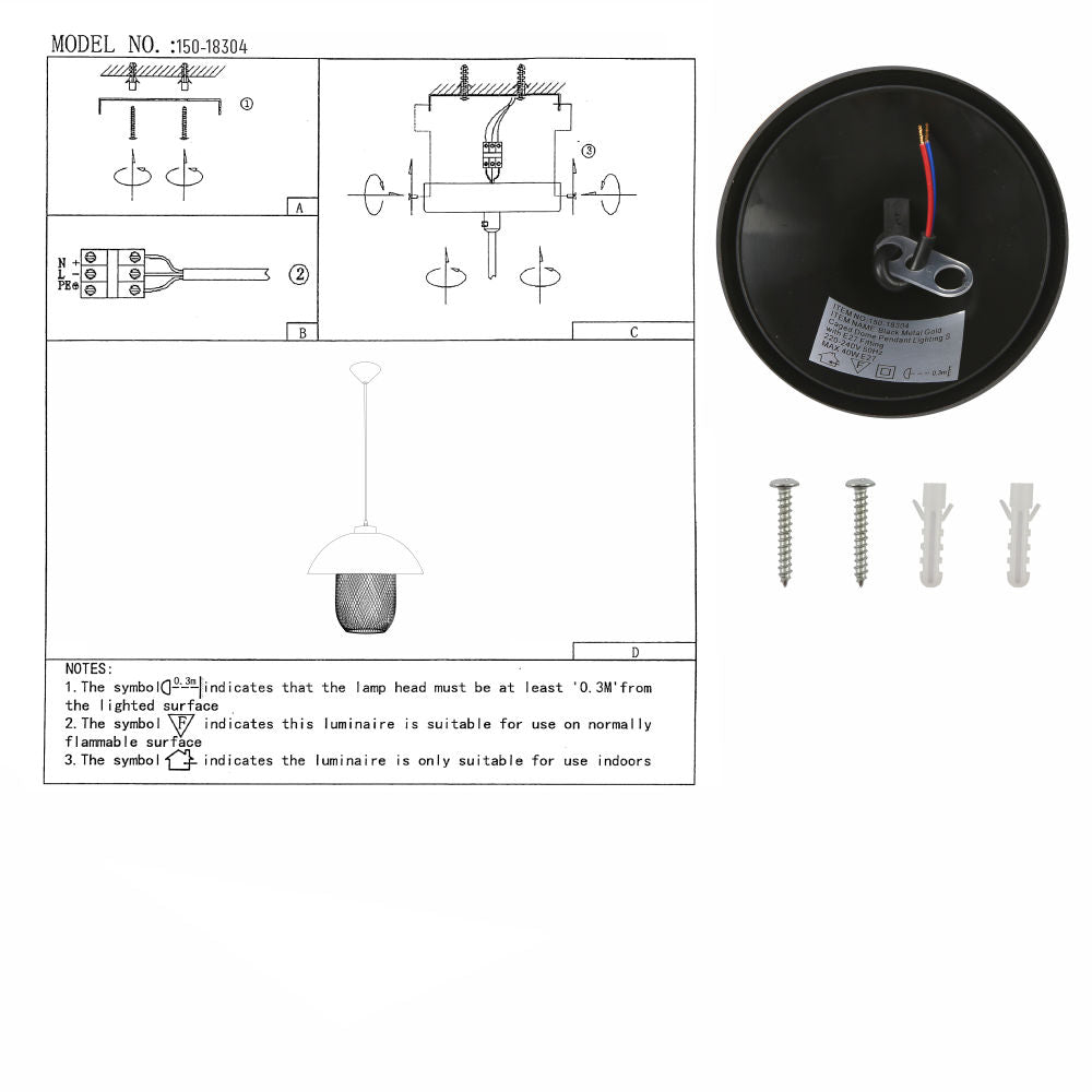 User manual for Matte Gold Caged Shade with Black Dome Top Pendat Ceiling Light D290 with E27 Fitting | TEKLED 150-18304