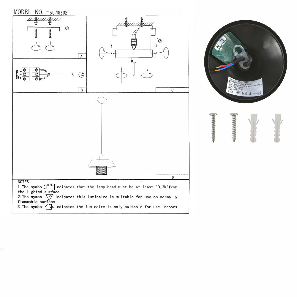 User manual for Matte Gold Caged Shade with Black Flat Top Pendat Ceiling Light D385 with E27 Fitting | TEKLED 150-18302