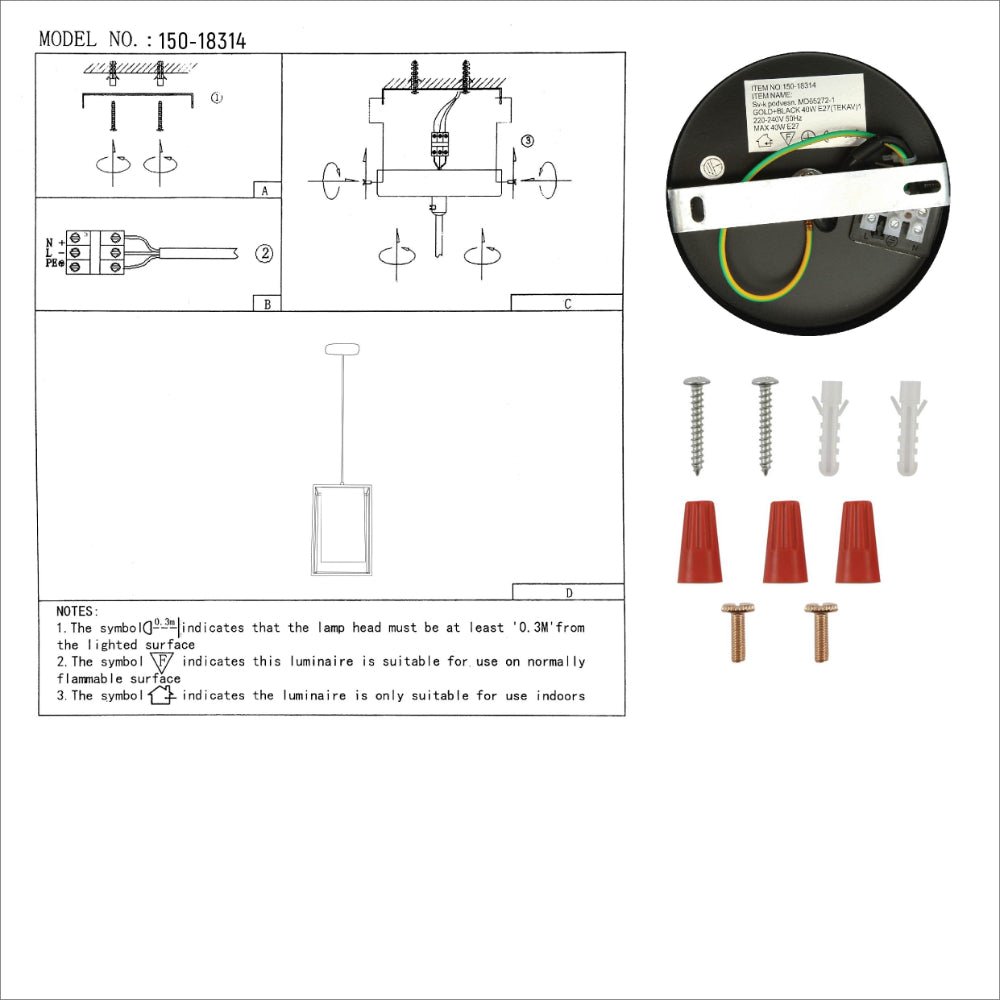 User manual for Matte Gold Metal Shade Black Cage Pendant Ceiling Light with E27 Fitting | TEKLED 150-18314