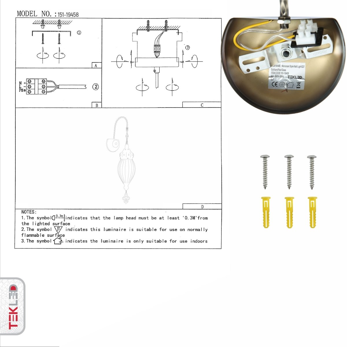 User manual for Moroccan Style Antique Brass and Red Glass Oriental Wall Light E27 | TEKLED 151-19458