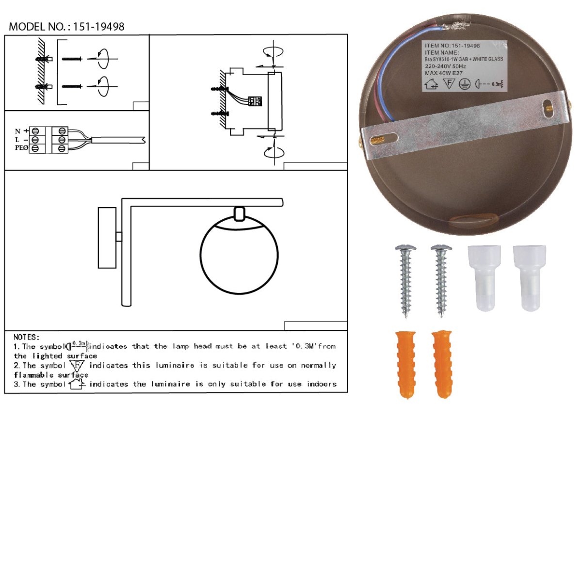 User manual for Opal Globe Glass Bronze L Shape Metal Wall Light with E27 Fitting | TEKLED 151-19498