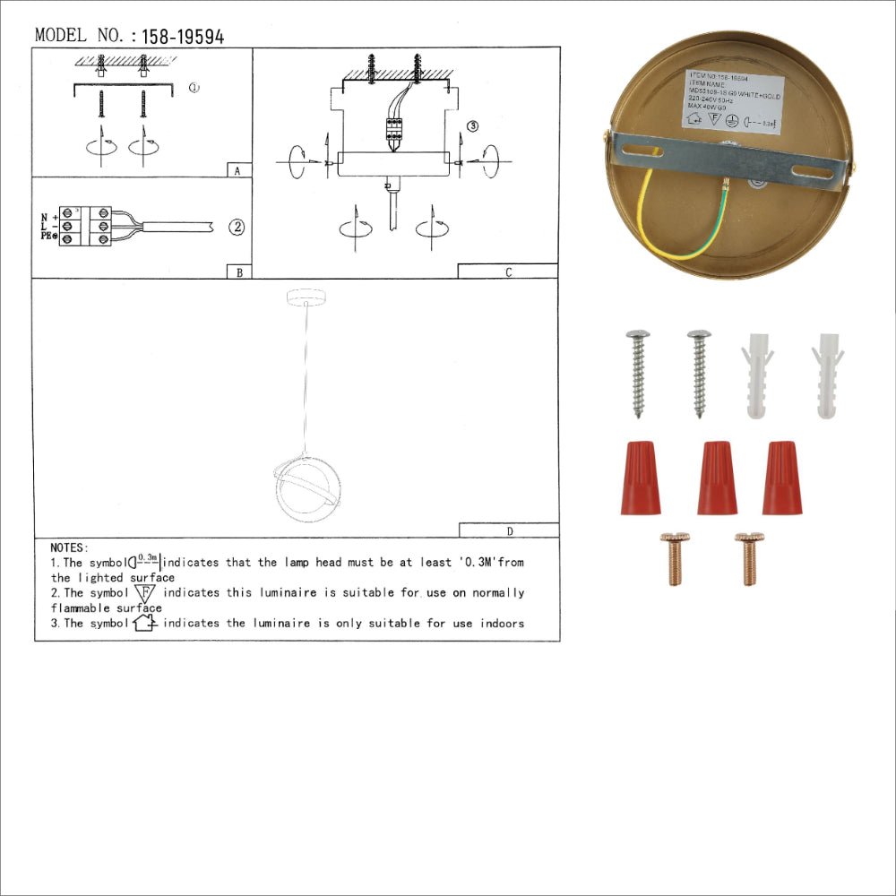 User manual for Opal Globe Glass Gold Rings Pendant Ceiling Light D200 with G9 Fitting | TEKLED 158-19594