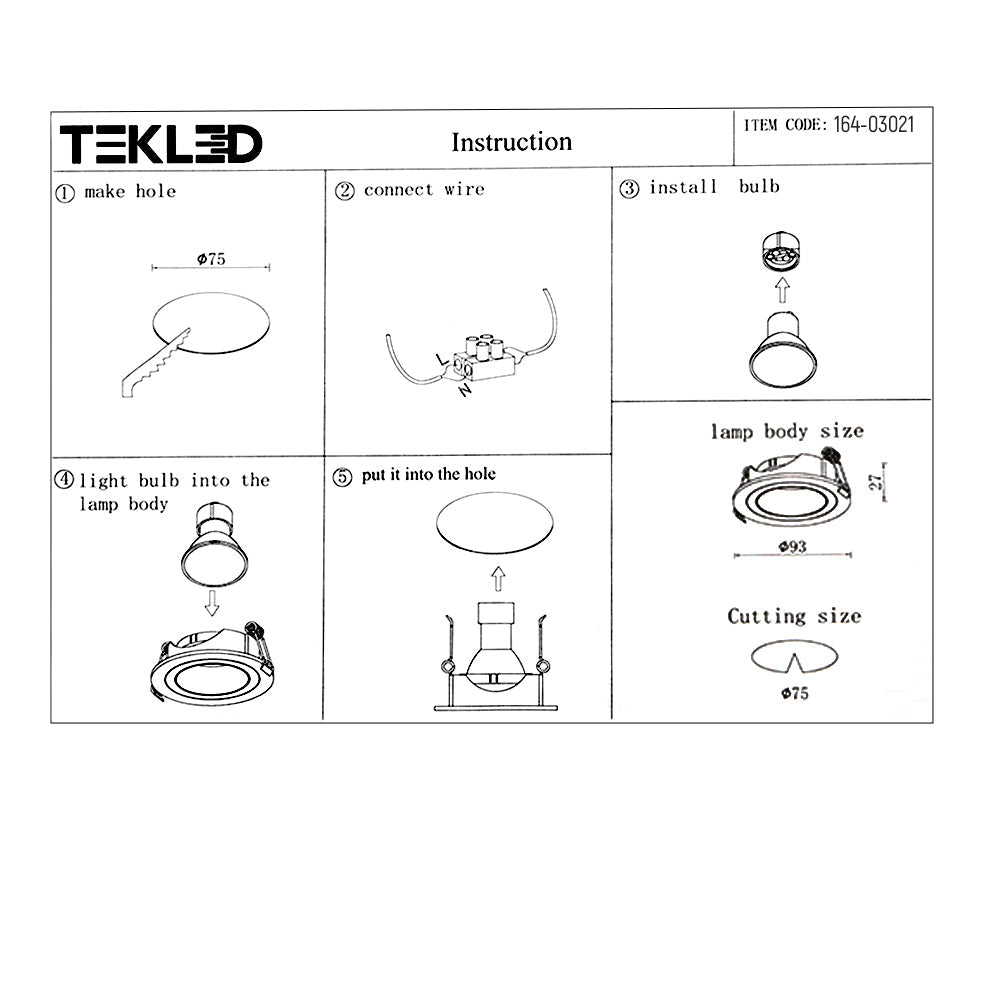 User manual for Round Polycarbonate Tilt Recessed Downlight GU10 White or Black | TEKLED 164-03021