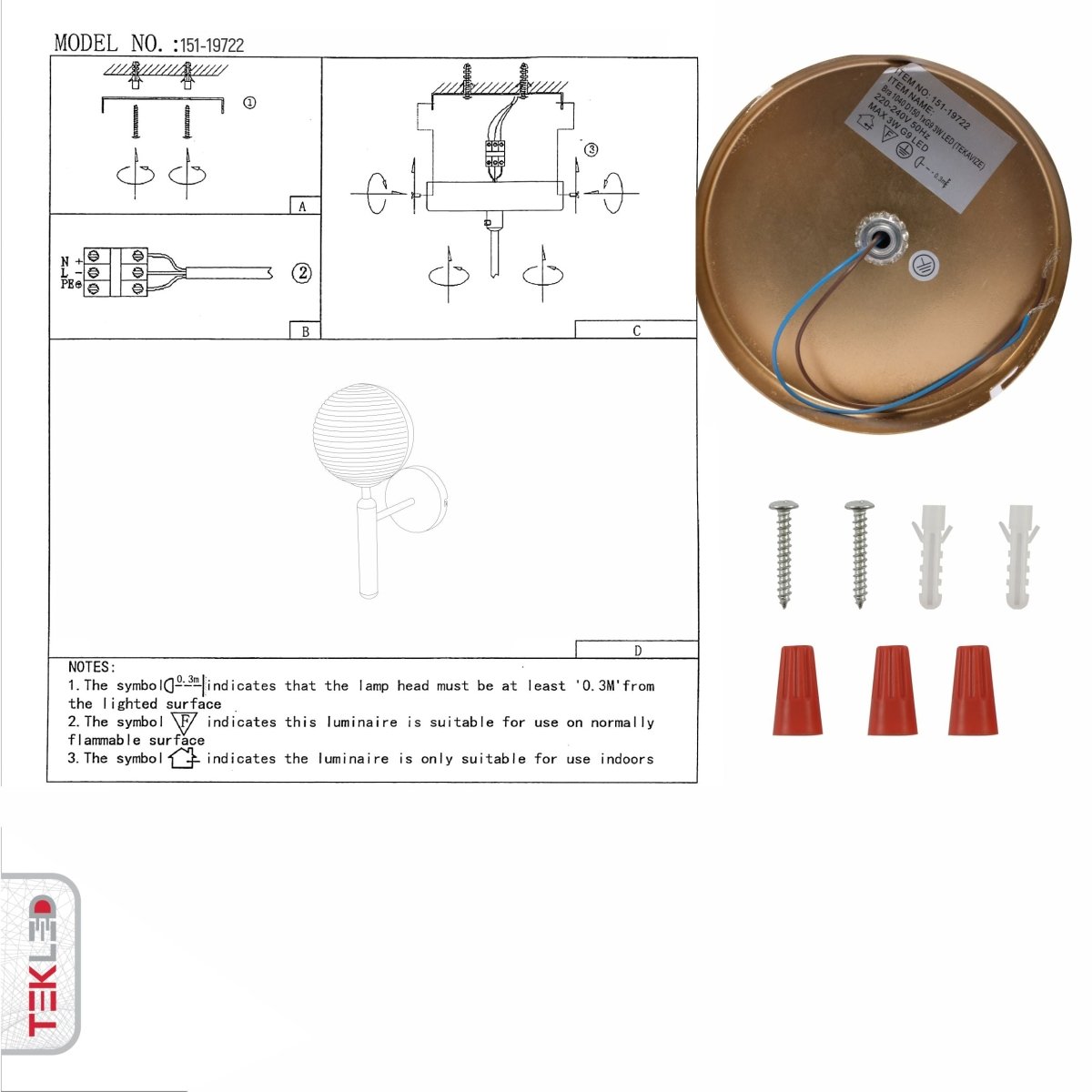 User manual for Striped Glass Gold Metal Wall Light with G9 Fitting | TEKLED 151-19722