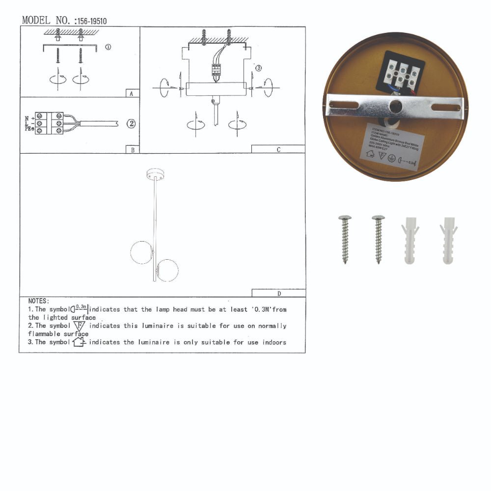 User manual for Vertical Opal Globes Gold Metal Body Ceiling light with 2xE27 Fittings | TEKLED 156-19510