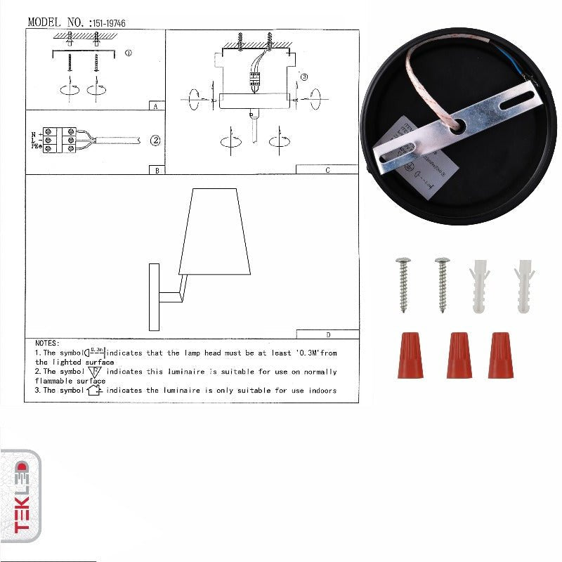 User manual for White Fabric Black Metal Body Wall Light with E14 Fitting | TEKLED 151-19746