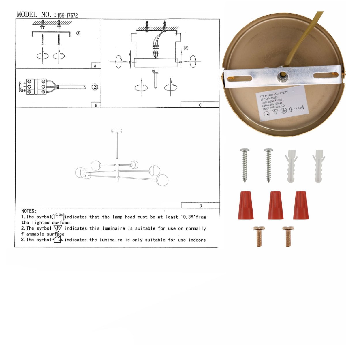 User manual for White Glass Gold Metal Globe Sputnik Ceiling Light Tiered Nordic Kitchen Island Chandelier with 6xG9 Fitting | TEKLED 159-17572