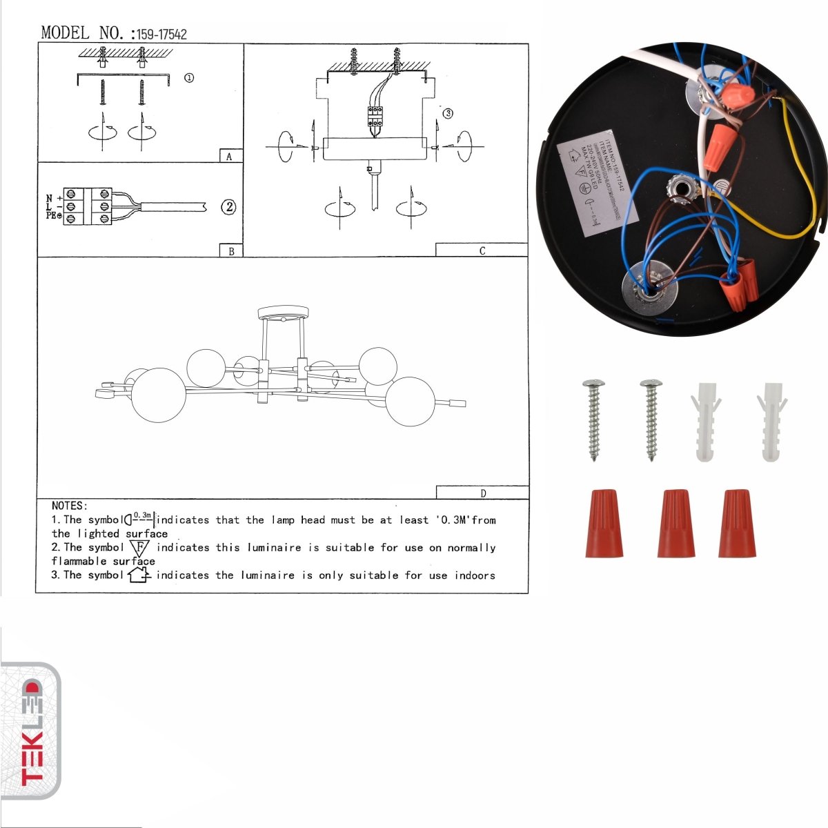 User manual for White Globe Glass Black Rod Body Semi Flush Ceiling Light 2-2 with 8xG9 Fitting | TEKLED 159-17542