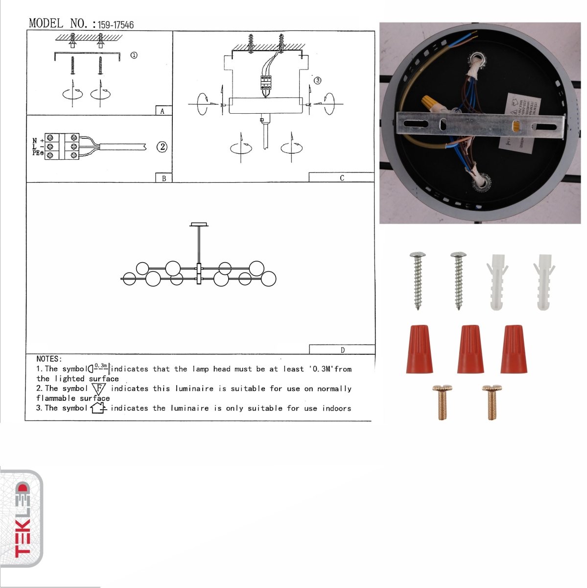 User manual for White Globe Glass Black Rod Body Semi Flush Ceiling Light 3-1 with 8xG9 Fitting | TEKLED 159-17546