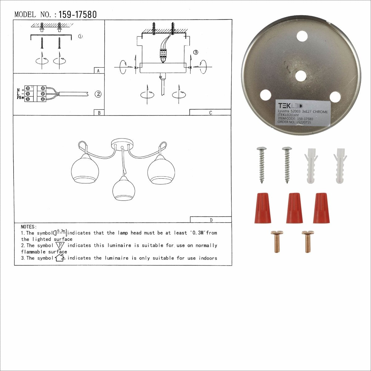 User manual for Opal Dome Glass Chrome Metal Semi Flush Ceiling Light | TEKLED 159-17580