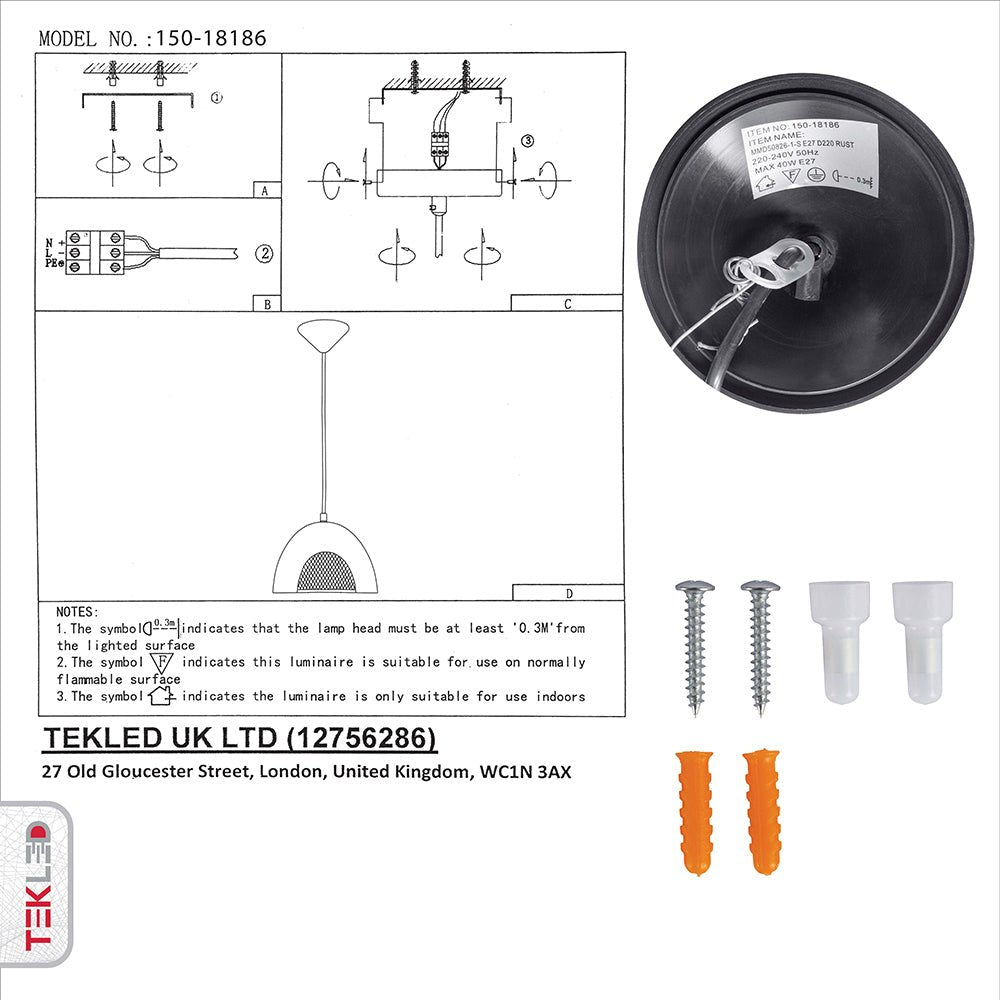 User manual and box content of rusty brown metal dome pendant light s with e27 fitting