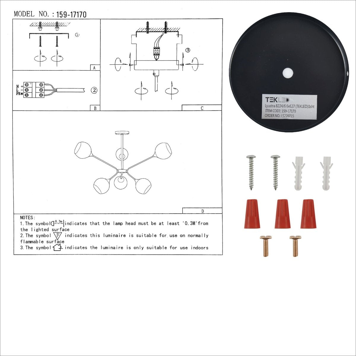 User manual for Smoky Cone Glass Black Chrome Metal Molecule Modern Ceiling Light | TEKLED 159-17170