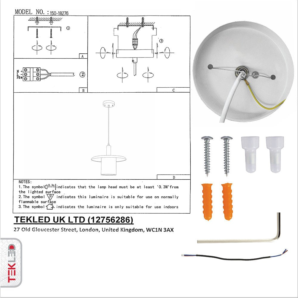 User manual and box content of white-golden metal caged flat pendant light with e27 fitting