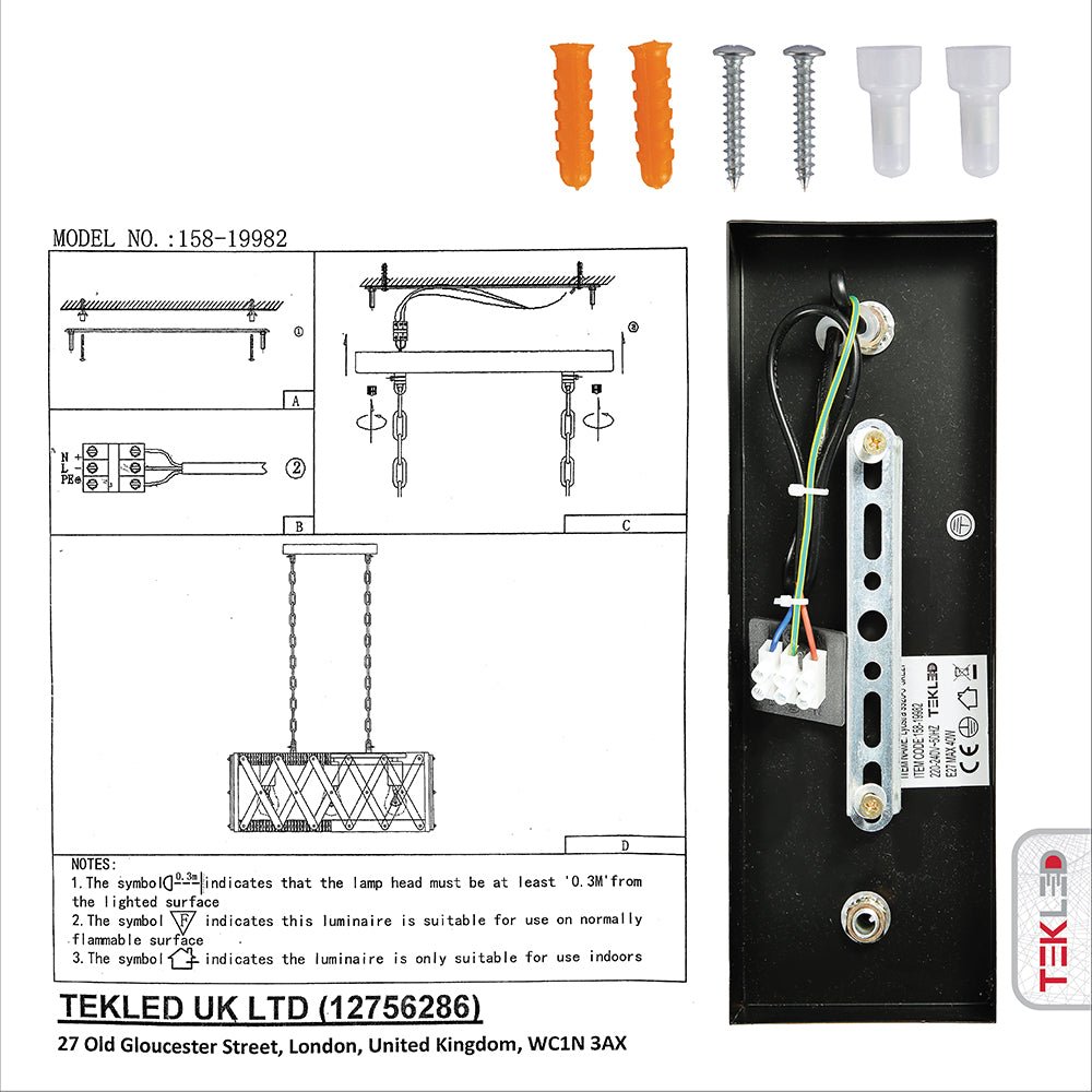 User manual and box content of wood black metal cuboid island chandelier with 3xe27 fitting