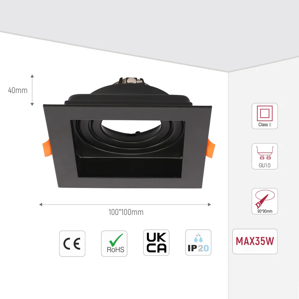 Size and technical specs of the Valiant Tiltable Square GU10 Downlight-143-03442