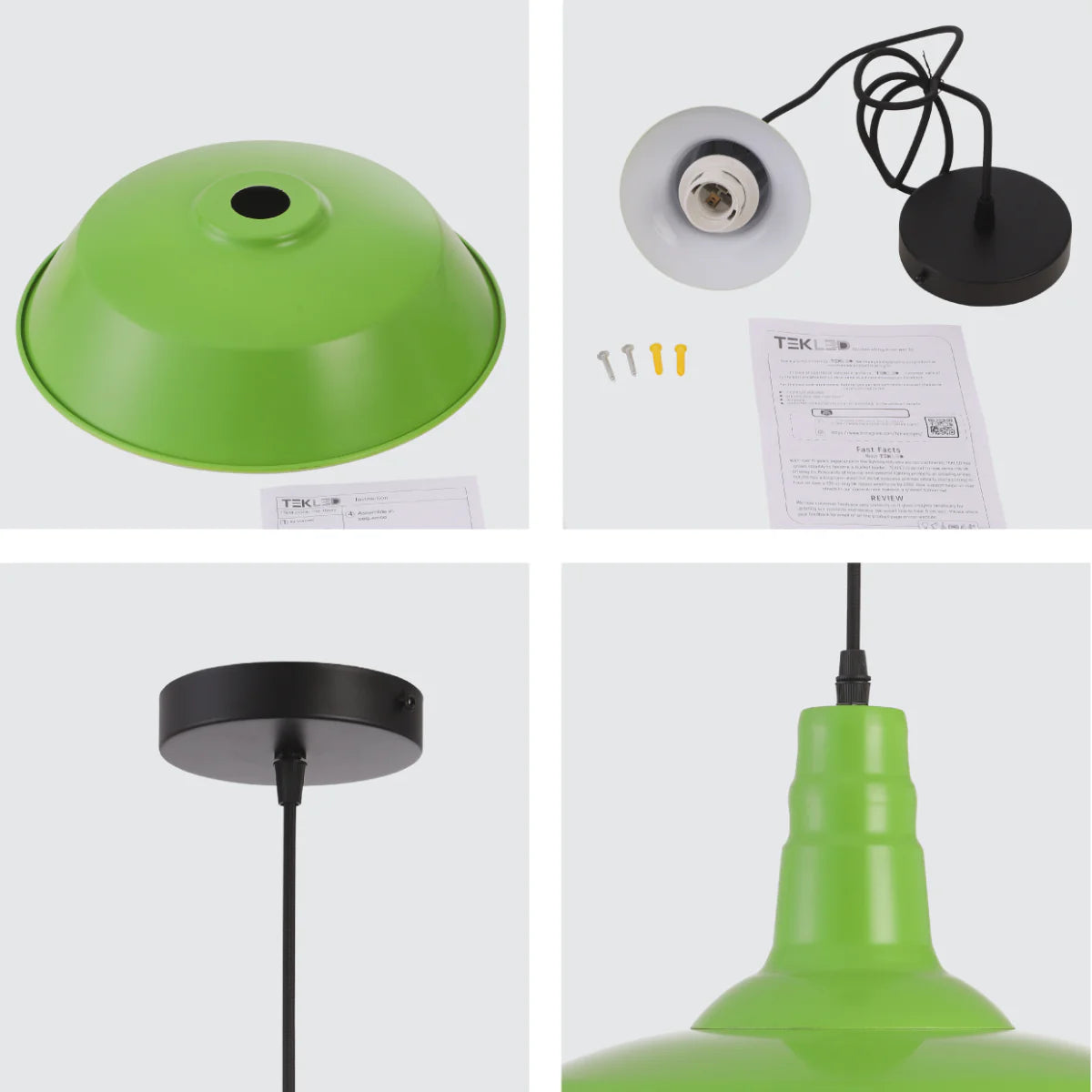 Close shot of parts of green metal pendant light 150-15042 TEKLED